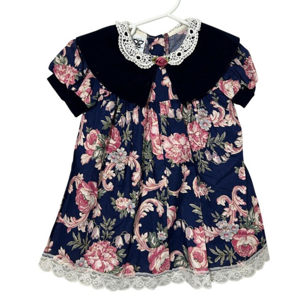 VTG Jo Lene Toddler Girl Floral Dress 2T Velvet Collar Lace Trim Made in USA